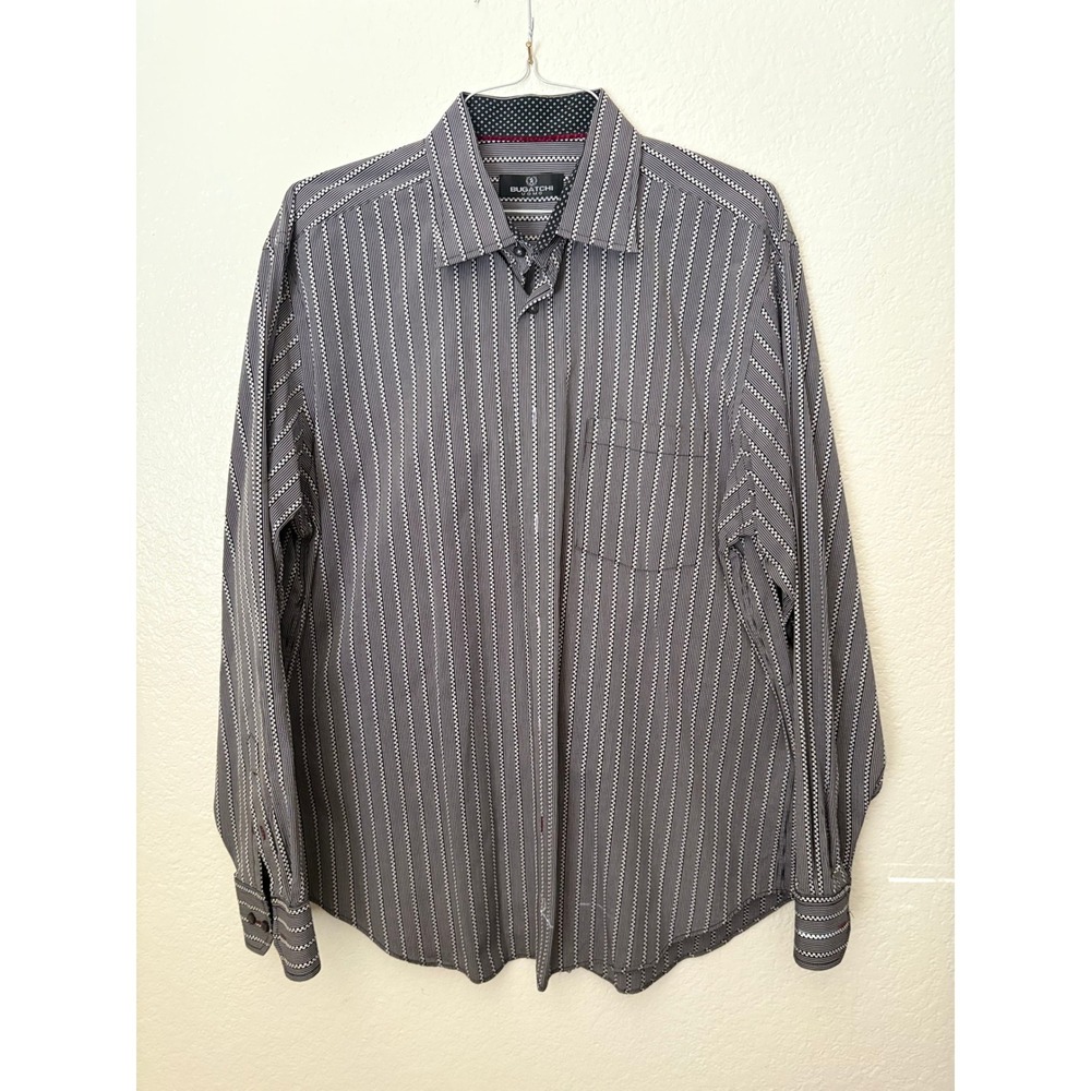 Bugatchi Uomo Striped Collared Button Down Long Sleeve Dress Shirt Preppy Casual
